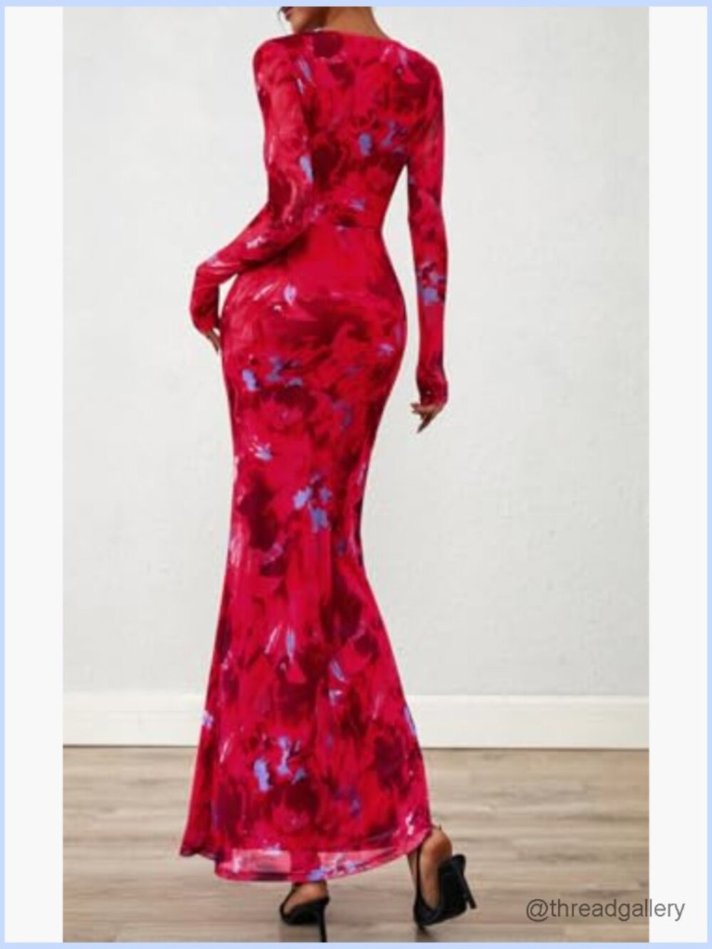 Long Sleeve Floral Maxi Dress Ruched Bodycon Crewneck Wedding Guest - Picture 5 of 7